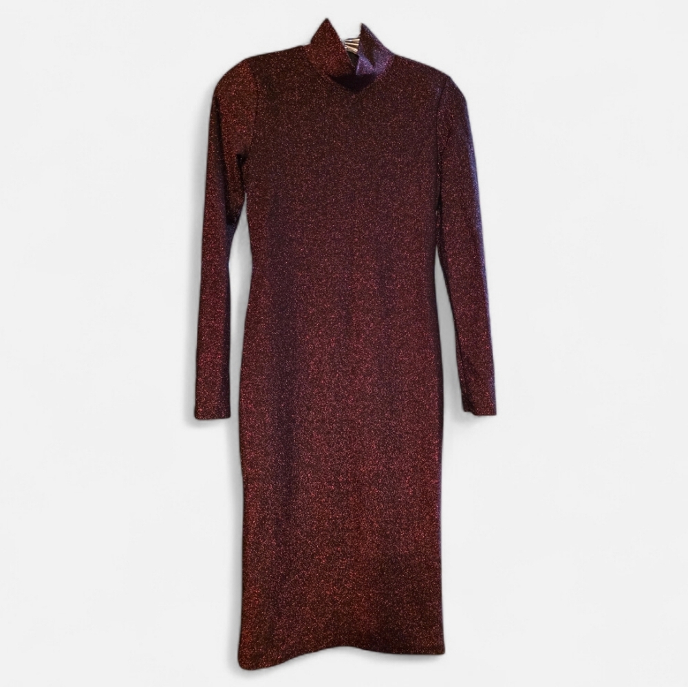 IVIVI Glittery Maroon Bodycon Long Sleeve Midi Evening Dress Size S